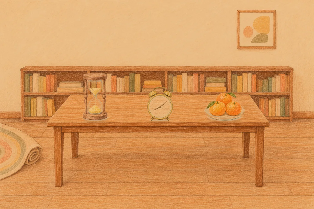 중곡동 여성전용 아로마 마사지 후기 안내 그림, 저녁의 서재 긴 책상 위에 놓인 모래시계, 둥근 알람시계, 귤이 담긴 접시