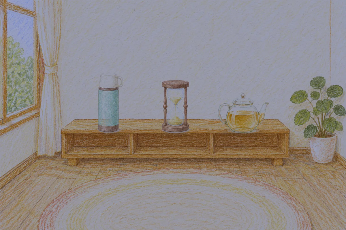 중곡동 여성전용 아로마 가격 안내 그림, 밤의 창가 낮은 선반 위에 놓인 보온병, 모래시계, 유리 티포트