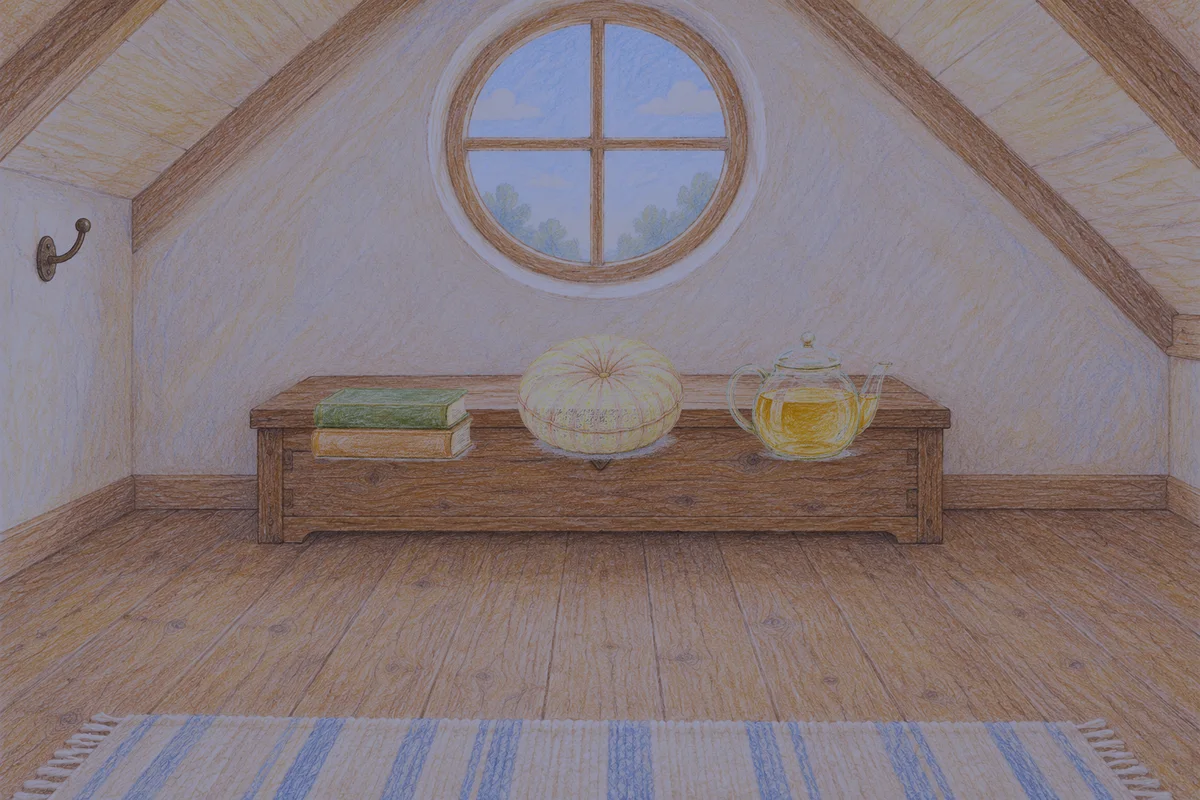 중곡동 여성전용 스웨디시 추천 안내 그림, 밤의 다락방 나무 궤짝 위에 놓인 책 두 권, 둥근 쿠션, 유리 티포트