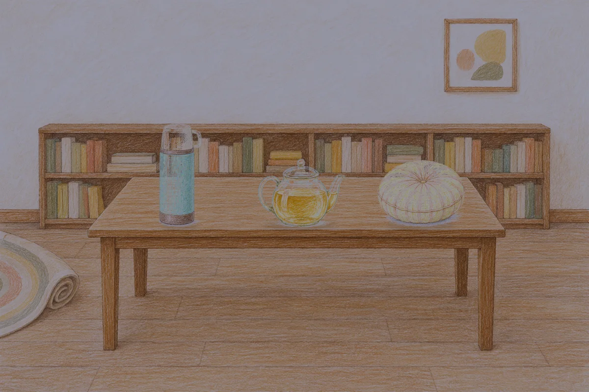 중곡동 여성전용 바디 경락 안내 그림, 밤의 서재 긴 책상 위에 놓인 보온병, 유리 티포트, 둥근 쿠션