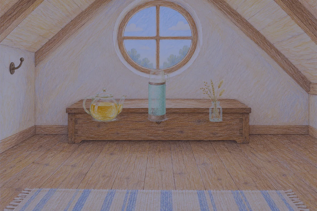중곡동 여성전용 홈케어 안내 그림, 밤의 다락방 나무 궤짝 위에 놓인 유리 티포트, 보온병, 마른 풀을 꽂은 항아리