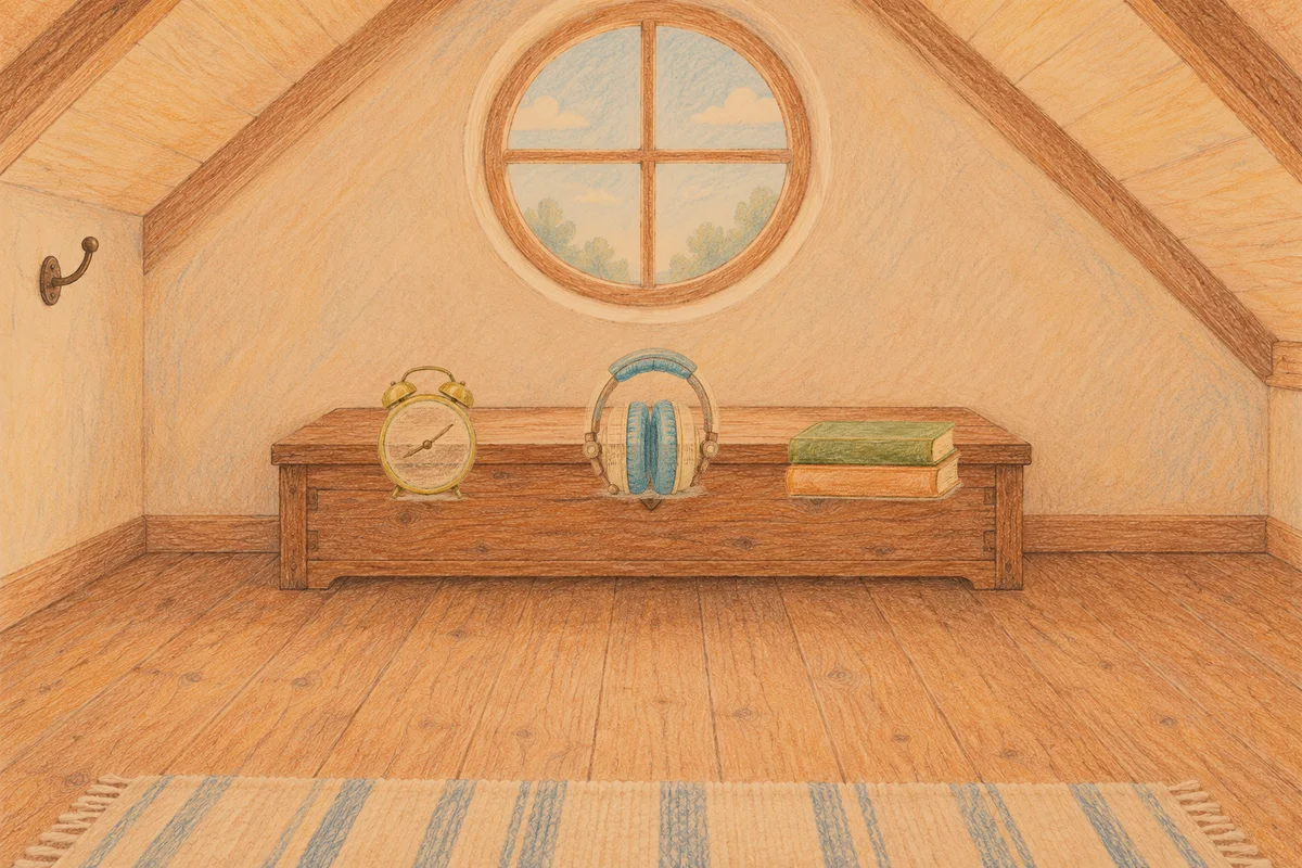 중곡동 여성전용 홈케어 서비스 안내 그림, 저녁의 다락방 나무 궤짝 위에 놓인 둥근 알람시계, 헤드폰, 책 두 권