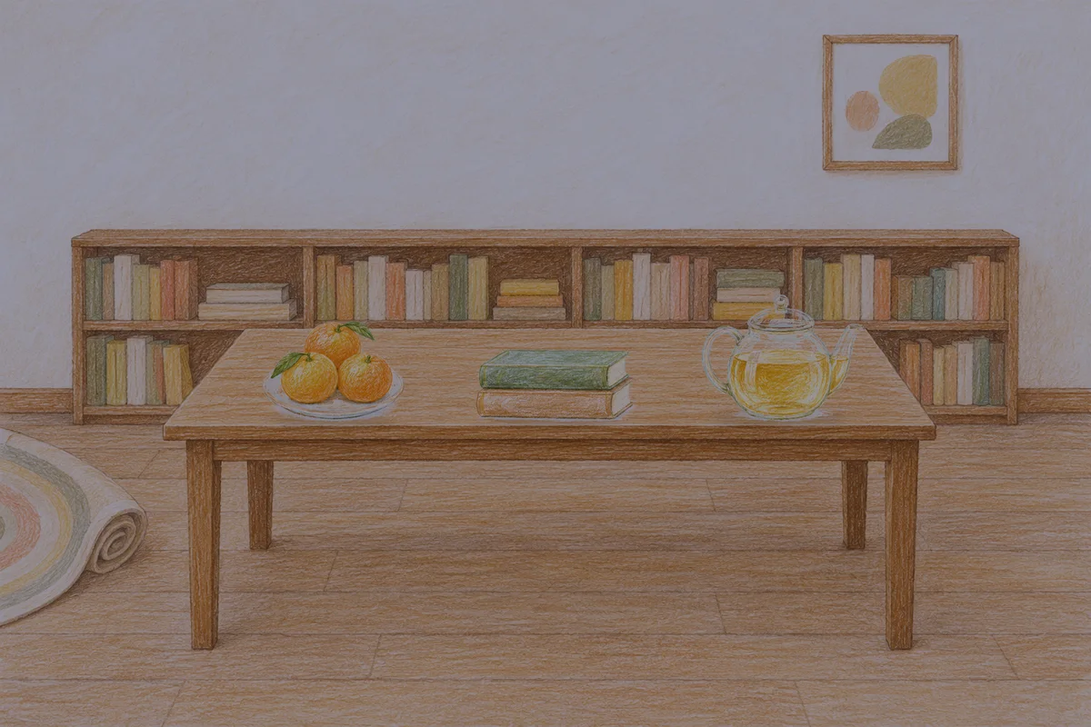중곡동 여성전용 홈케어 후기 안내 그림, 밤의 서재 긴 책상 위에 놓인 귤이 담긴 접시, 책 두 권, 유리 티포트