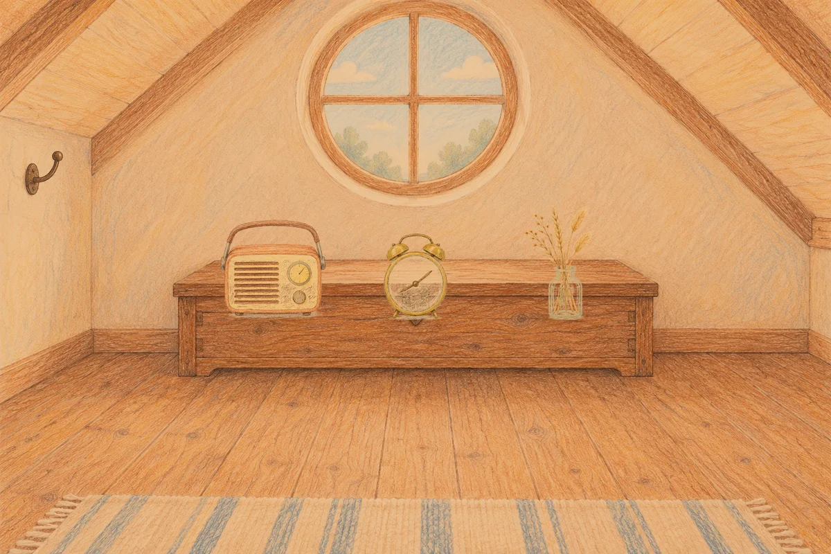 중곡동 여성전용 홈케어 추천 안내 그림, 저녁의 다락방 나무 궤짝 위에 놓인 작은 라디오, 둥근 알람시계, 마른 풀을 꽂은 항아리
