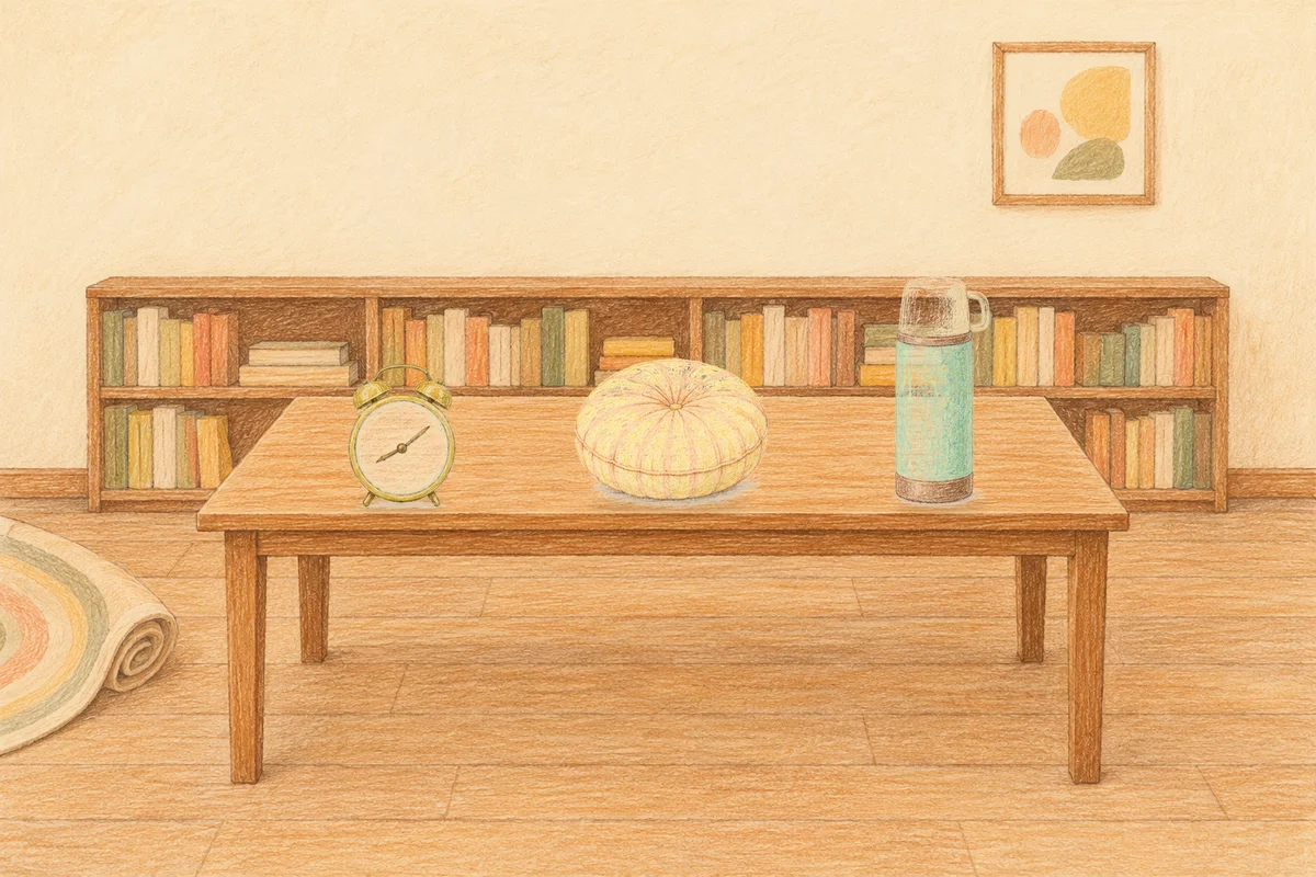 중곡동 여성전용 발관리 후기 안내 그림, 낮의 서재 긴 책상 위에 놓인 둥근 알람시계, 둥근 쿠션, 보온병