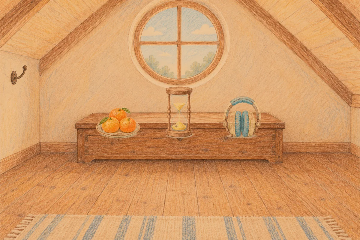 중곡동 여성전용 림프 마사지 안내 그림, 저녁의 다락방 나무 궤짝 위에 놓인 귤이 담긴 접시, 모래시계, 헤드폰