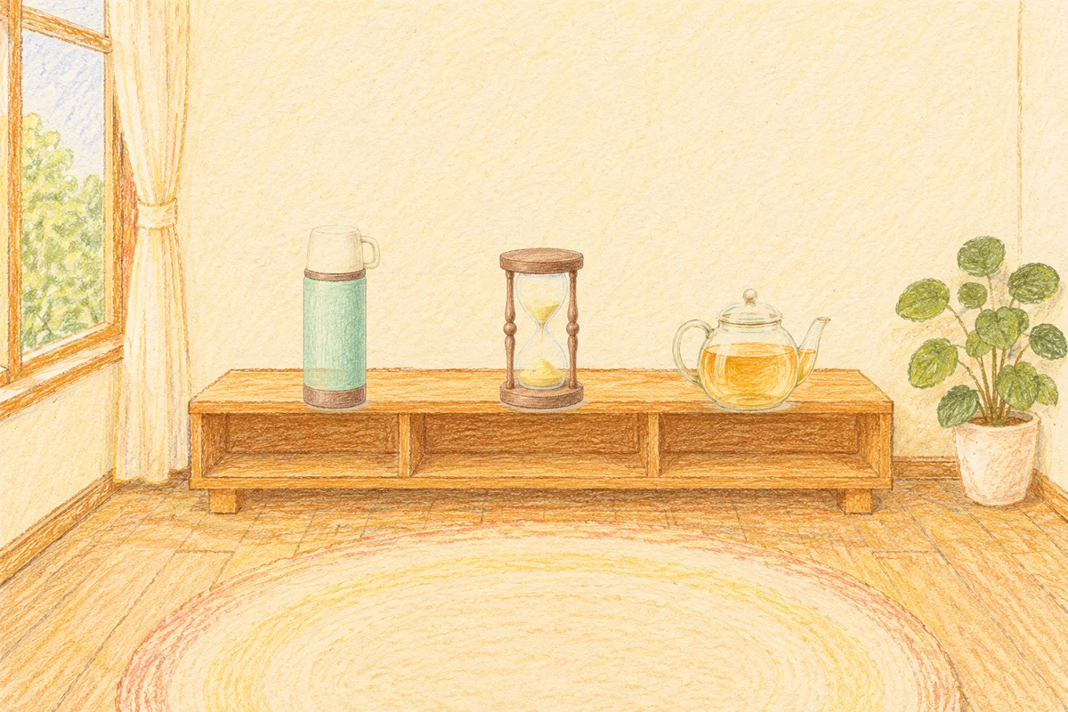 중곡동 여성전용 종아리 케어 안내 그림, 낮의 창가 낮은 선반 위에 놓인 보온병, 모래시계, 유리 티포트