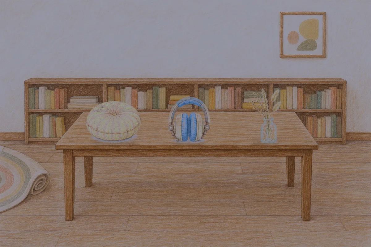 중곡동 여성전용 두피 케어 안내 그림, 밤의 서재 긴 책상 위에 놓인 둥근 쿠션, 헤드폰, 마른 풀을 꽂은 항아리