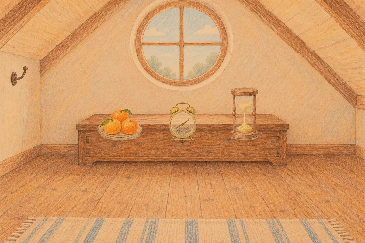 중곡동 여성전용 수면 케어 안내 그림, 저녁의 다락방 나무 궤짝 위에 놓인 귤이 담긴 접시, 둥근 알람시계, 모래시계