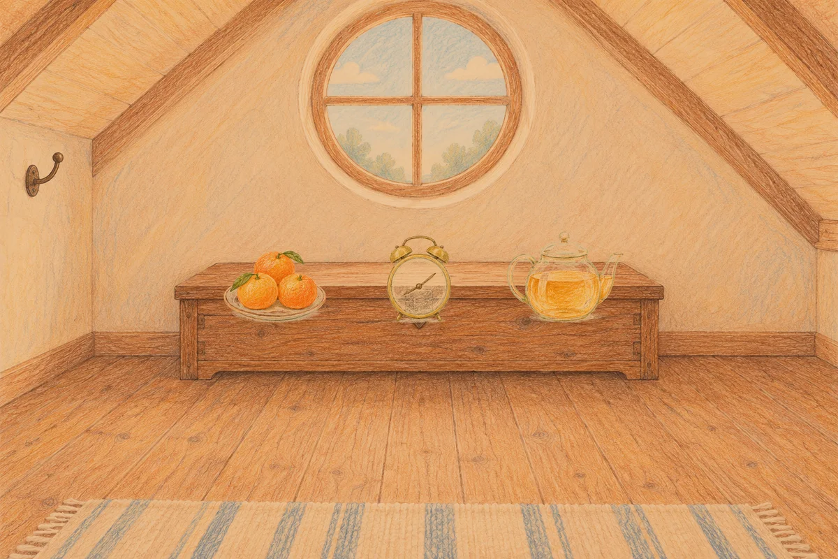 중곡동 여성전용 얼굴 마사지 안내 그림, 저녁의 다락방 나무 궤짝 위에 놓인 귤이 담긴 접시, 둥근 알람시계, 유리 티포트
