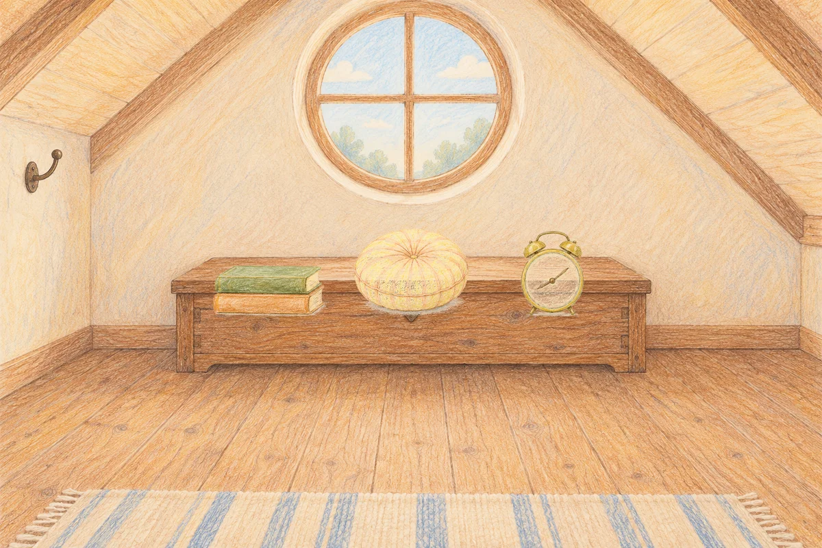 중곡동 여성전용 림프 페이셜 안내 그림, 낮의 다락방 나무 궤짝 위에 놓인 책 두 권, 둥근 쿠션, 둥근 알람시계