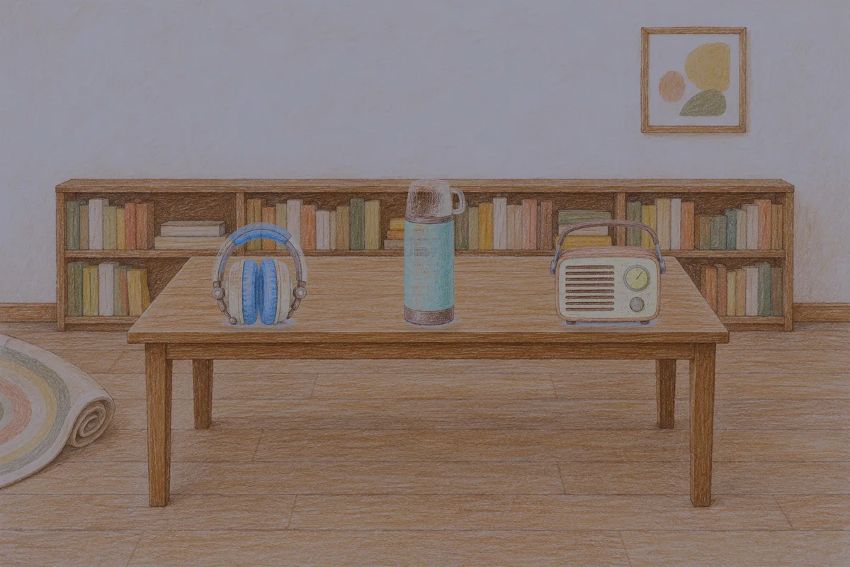 중곡동 여성전용 안티에이징 케어 안내 그림, 밤의 서재 긴 책상 위에 놓인 헤드폰, 보온병, 작은 라디오
