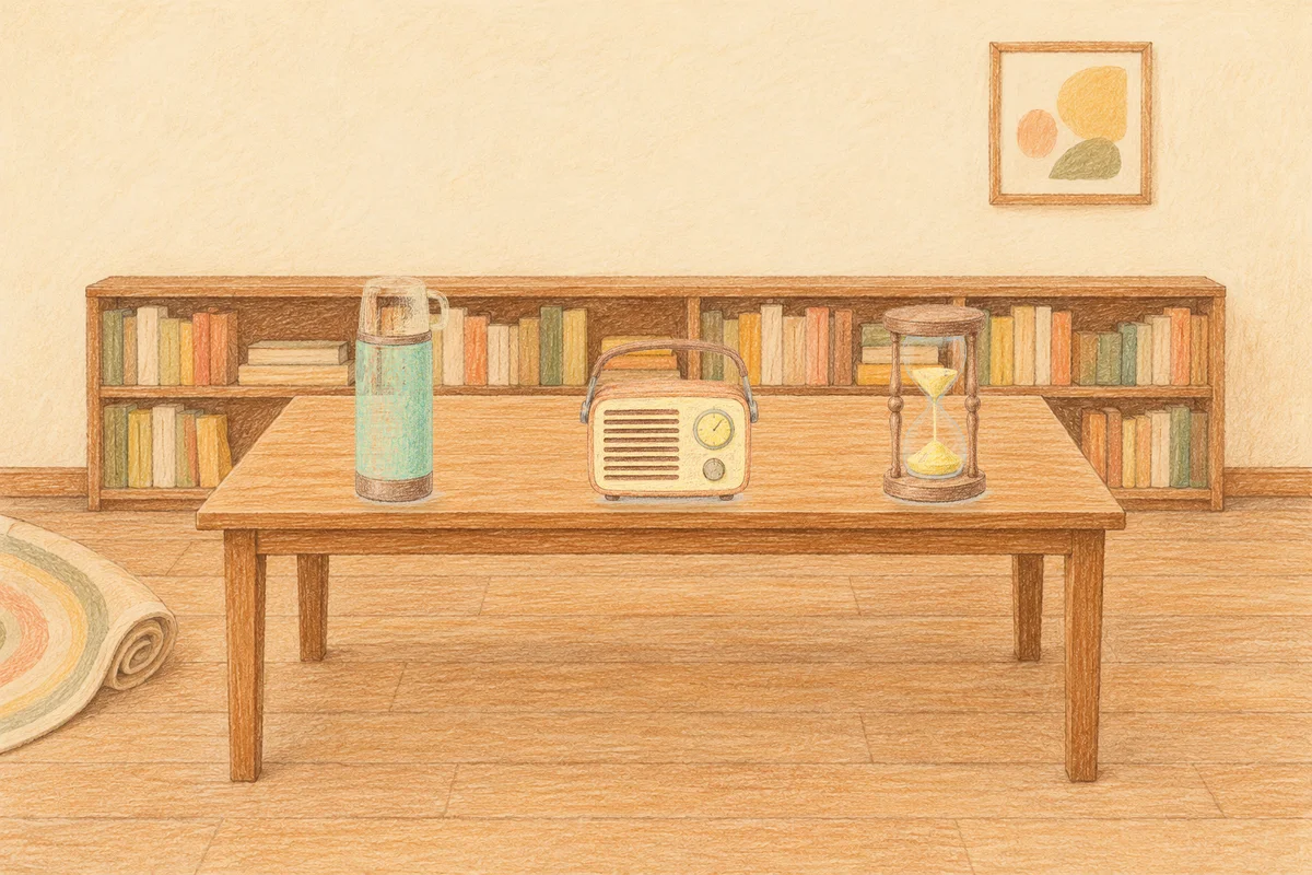 중곡동 여성전용 브라이덜 케어 안내 그림, 낮의 서재 긴 책상 위에 놓인 보온병, 작은 라디오, 모래시계