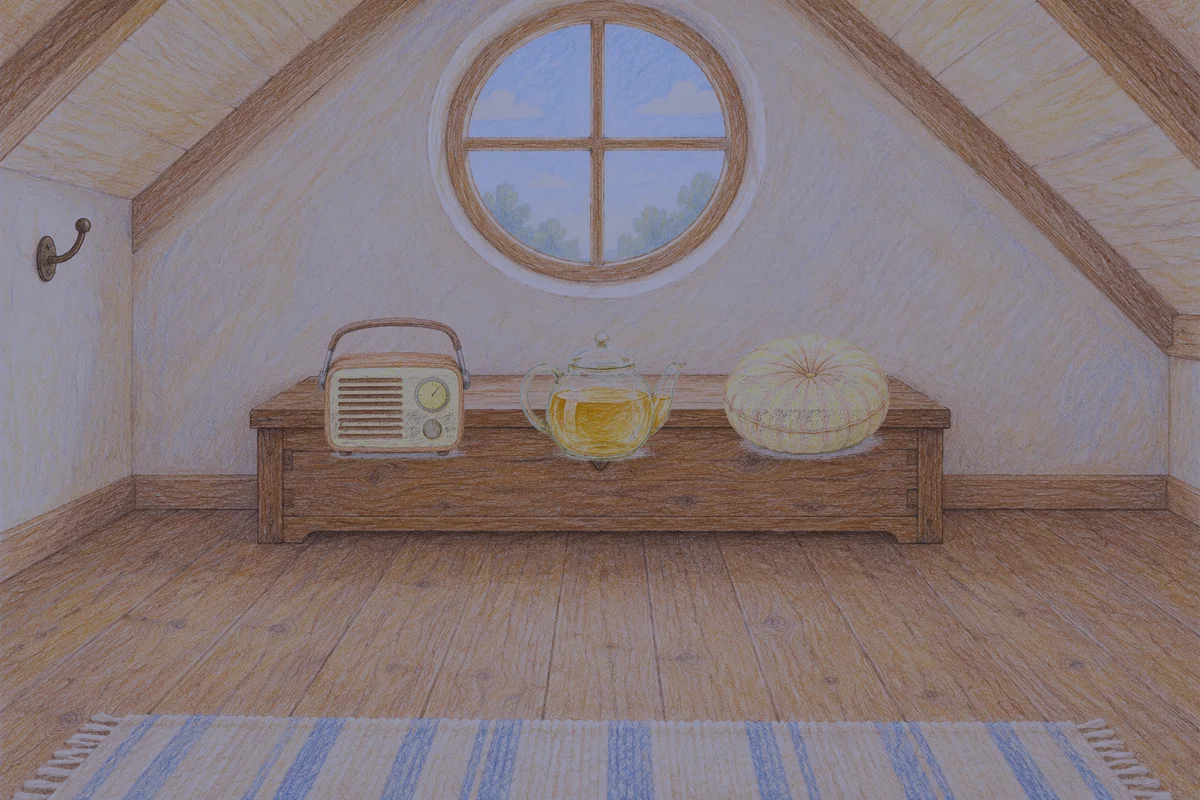 중곡동 여성전용 샵 마사지 안내 그림, 밤의 다락방 나무 궤짝 위에 놓인 작은 라디오, 유리 티포트, 둥근 쿠션