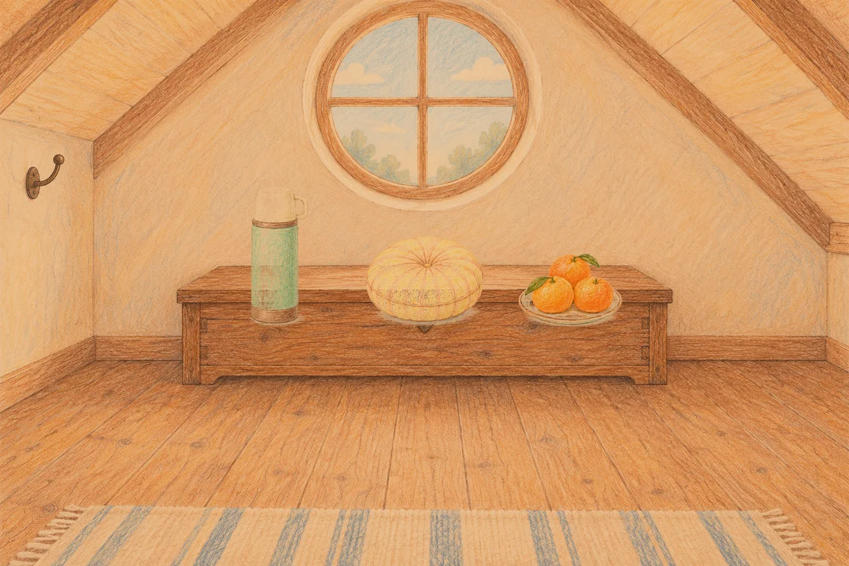 중곡동 여성전용 가격 마사지 안내 그림, 저녁의 다락방 나무 궤짝 위에 놓인 보온병, 둥근 쿠션, 귤이 담긴 접시