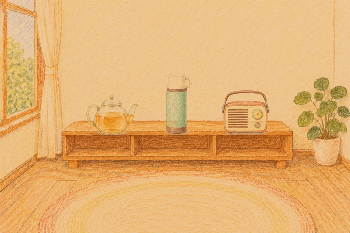중곡동 여성전용 출장 마사지 안내 그림, 저녁의 창가 낮은 선반 위에 놓인 유리 티포트, 보온병, 작은 라디오