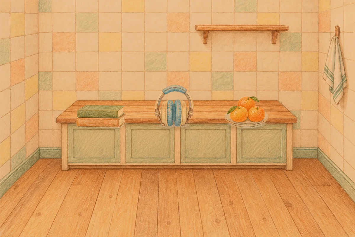 능동 여성전용 스웨디시 마사지 안내 그림, 저녁의 부엌 나무 조리대 위에 놓인 책 두 권, 헤드폰, 귤이 담긴 접시