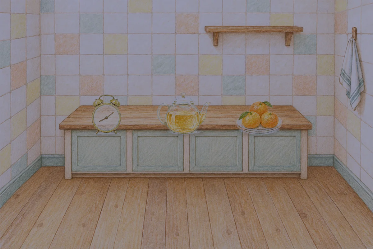 능동 여성전용 프리미엄 스웨디시 안내 그림, 밤의 부엌 나무 조리대 위에 놓인 둥근 알람시계, 유리 티포트, 귤이 담긴 접시