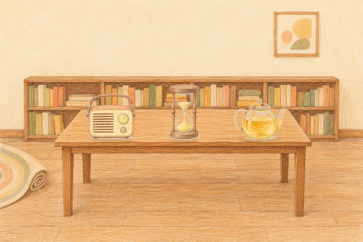 능동 여성전용 스웨디시 가격 안내 그림, 낮의 서재 긴 책상 위에 놓인 작은 라디오, 모래시계, 유리 티포트