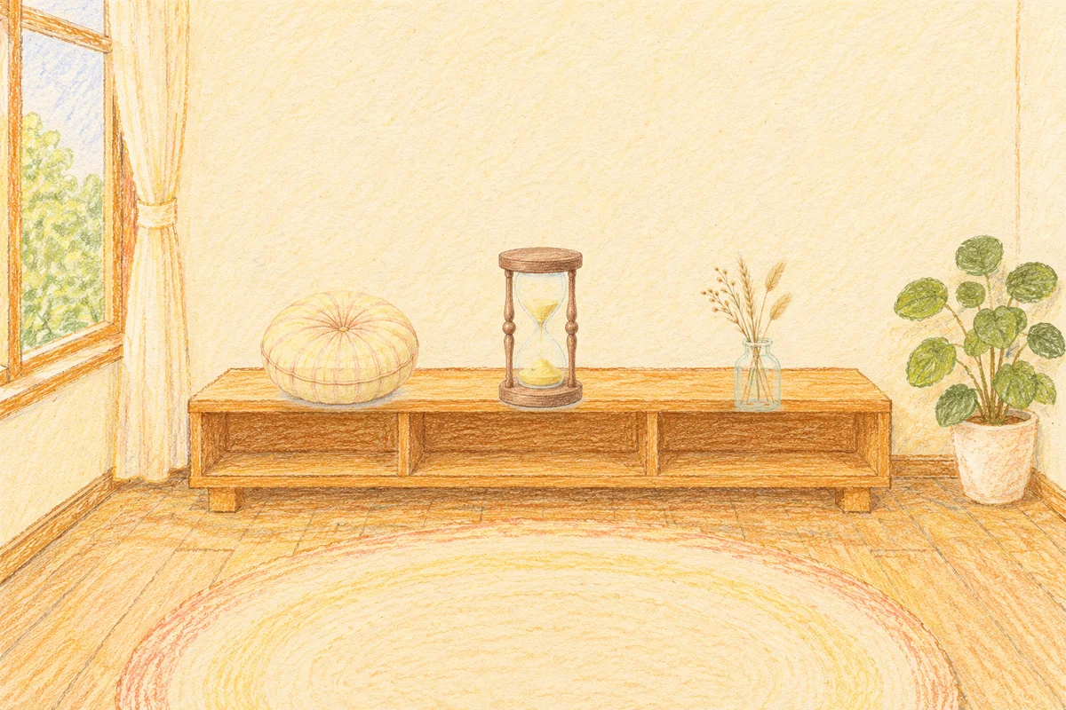 능동 여성전용 아로마 가격 안내 그림, 낮의 창가 낮은 선반 위에 놓인 둥근 쿠션, 모래시계, 마른 풀을 꽂은 항아리