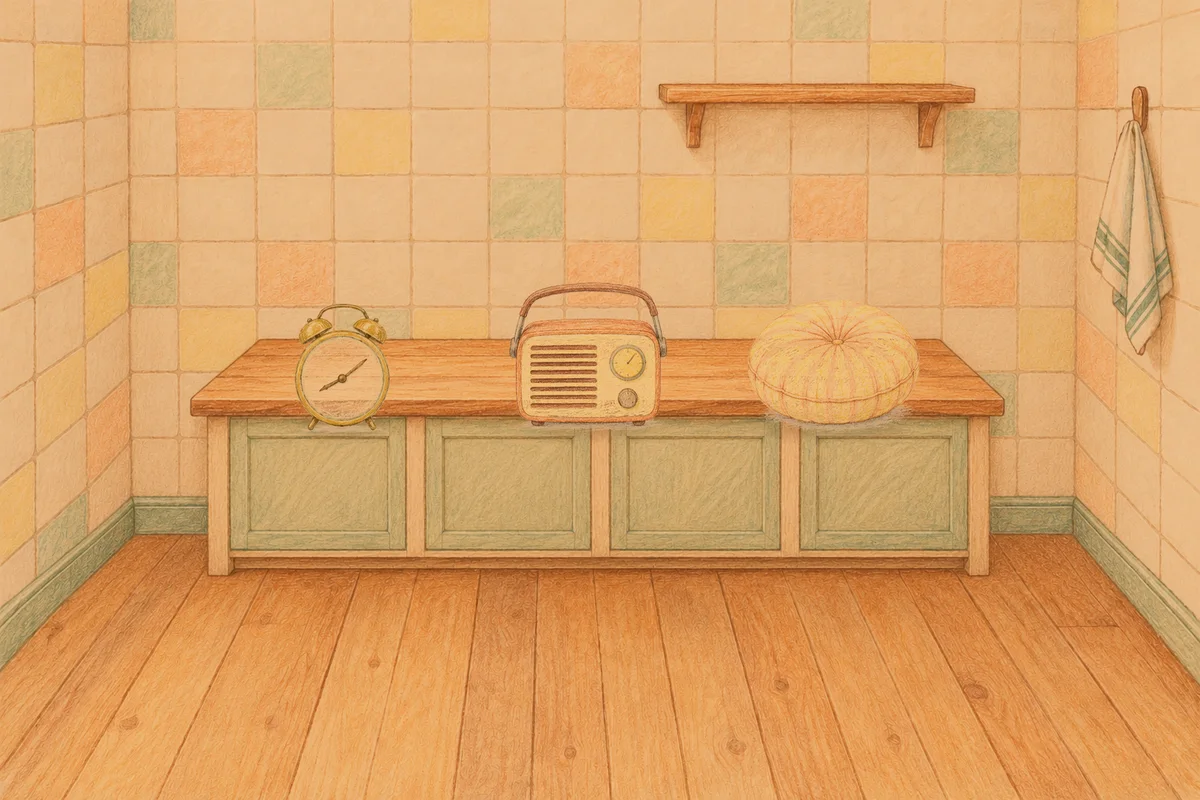 능동 여성전용 바디 경락 안내 그림, 저녁의 부엌 나무 조리대 위에 놓인 둥근 알람시계, 작은 라디오, 둥근 쿠션