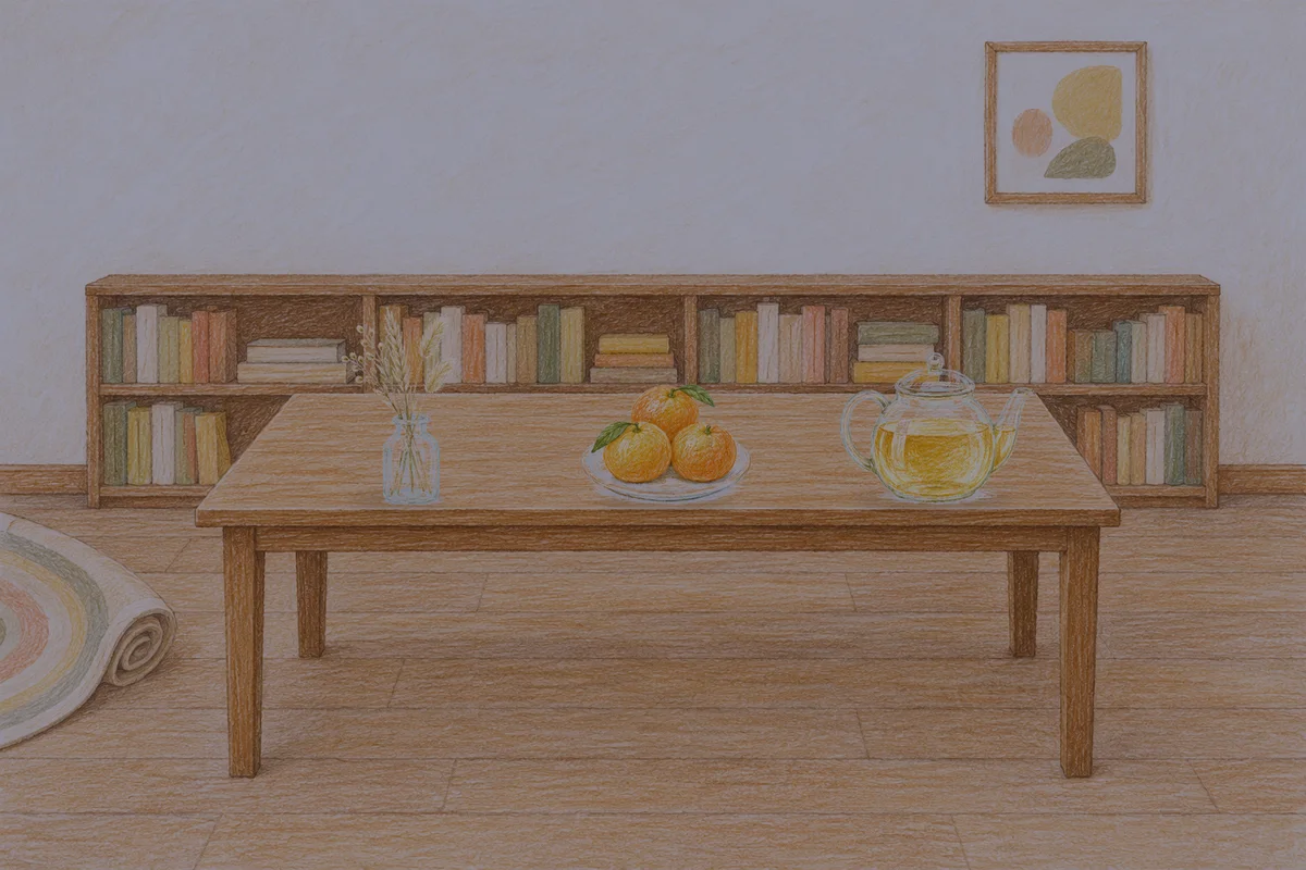 능동 여성전용 경락 추천 안내 그림, 밤의 서재 긴 책상 위에 놓인 마른 풀을 꽂은 항아리, 귤이 담긴 접시, 유리 티포트
