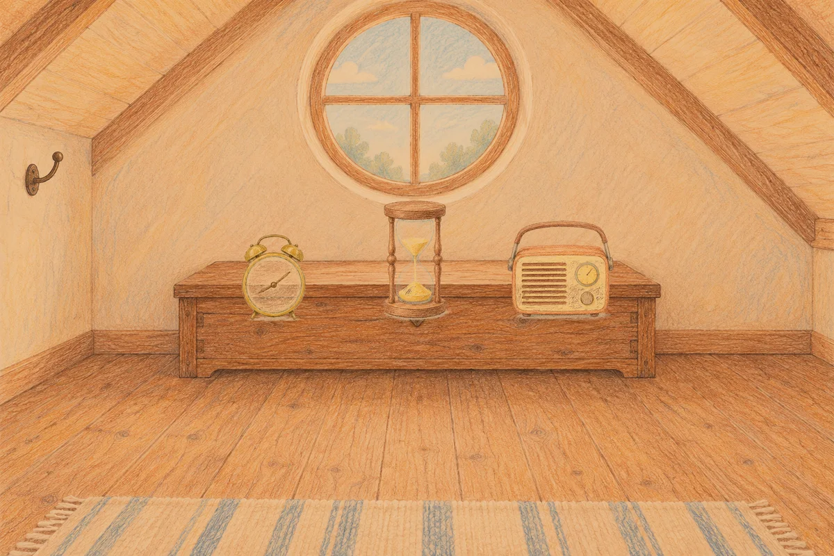 능동 여성전용 홈케어 안내 그림, 저녁의 다락방 나무 궤짝 위에 놓인 둥근 알람시계, 모래시계, 작은 라디오