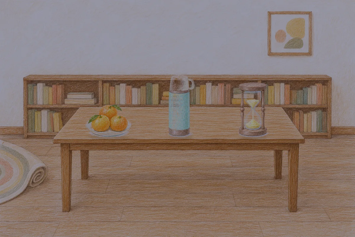 능동 여성전용 프라이빗 케어 안내 그림, 밤의 서재 긴 책상 위에 놓인 귤이 담긴 접시, 보온병, 모래시계