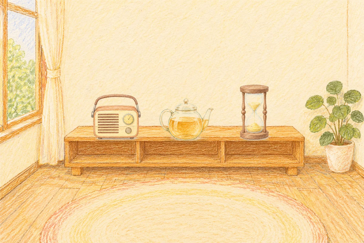 능동 여성전용 홈케어 후기 안내 그림, 낮의 창가 낮은 선반 위에 놓인 작은 라디오, 유리 티포트, 모래시계