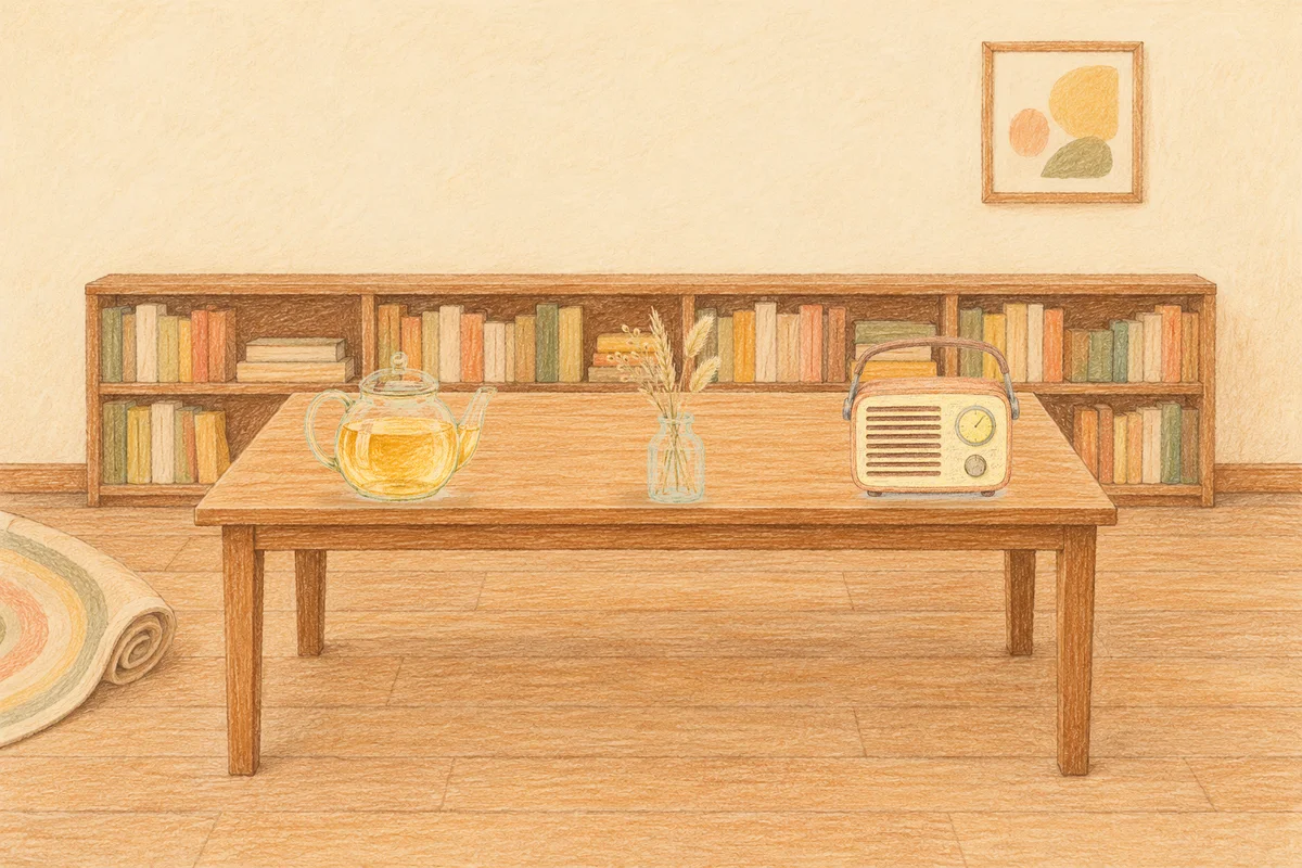 능동 여성전용 셀룰라이트 관리 안내 그림, 낮의 서재 긴 책상 위에 놓인 유리 티포트, 마른 풀을 꽂은 항아리, 작은 라디오