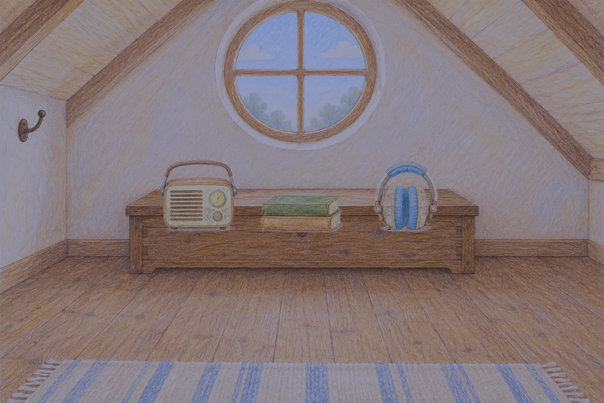 능동 여성전용 다이어트 마사지 안내 그림, 밤의 다락방 나무 궤짝 위에 놓인 작은 라디오, 책 두 권, 헤드폰