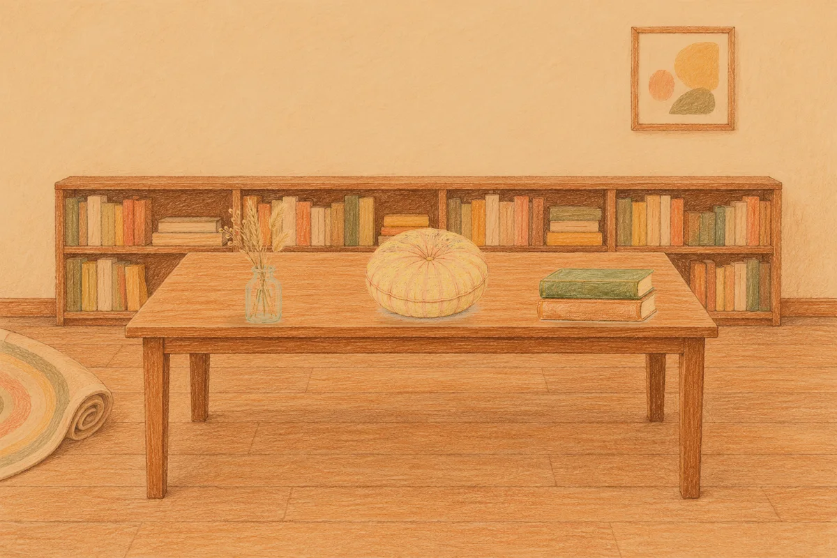 능동 여성전용 페이셜 마사지 안내 그림, 저녁의 서재 긴 책상 위에 놓인 마른 풀을 꽂은 항아리, 둥근 쿠션, 책 두 권