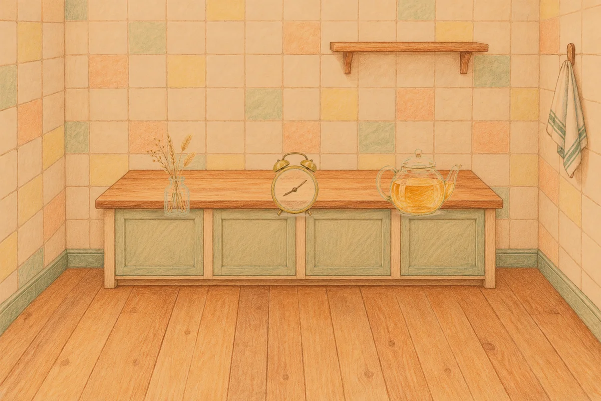 능동 여성전용 림프 페이셜 안내 그림, 저녁의 부엌 나무 조리대 위에 놓인 마른 풀을 꽂은 항아리, 둥근 알람시계, 유리 티포트