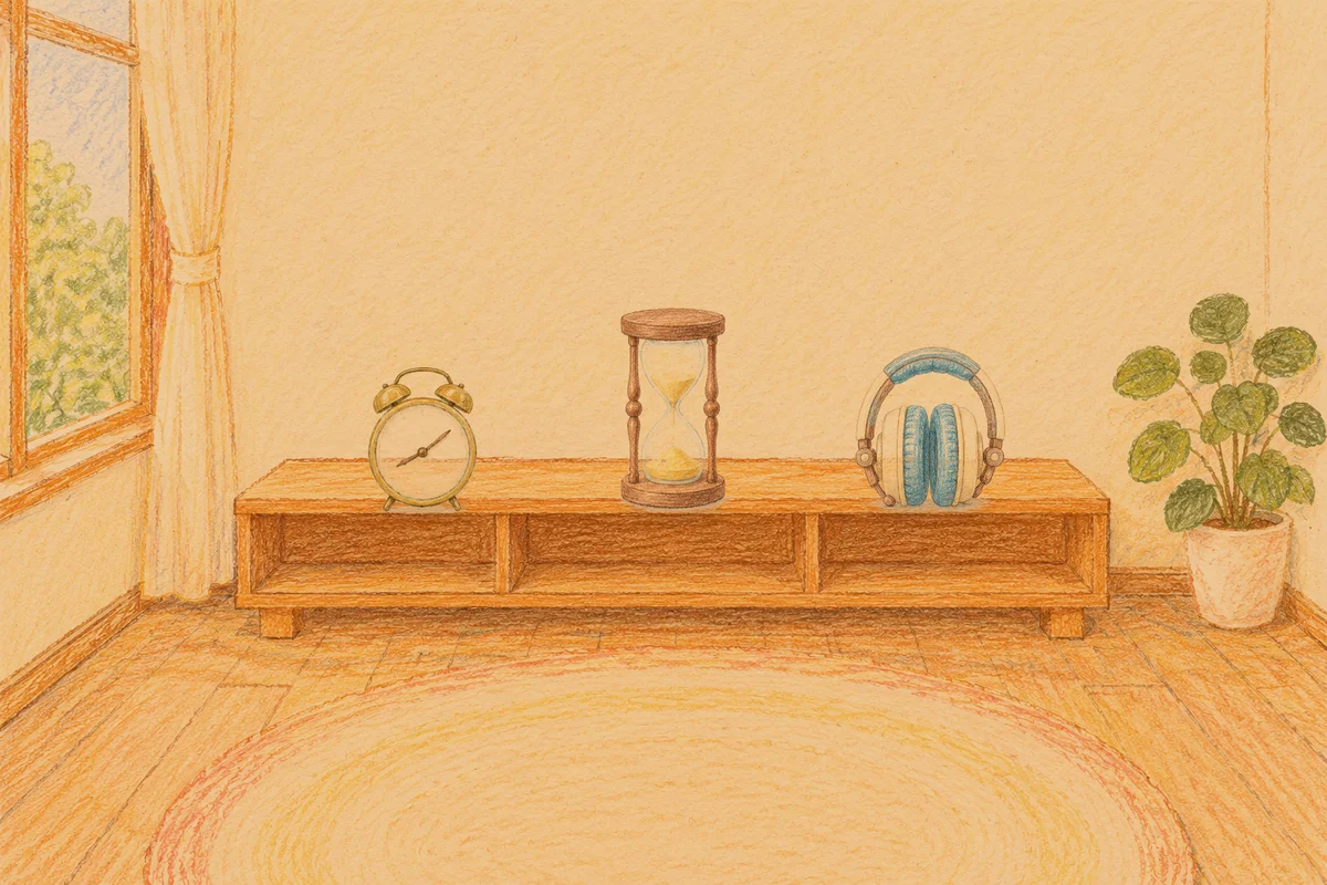 능동 여성전용 안티에이징 케어 안내 그림, 저녁의 창가 낮은 선반 위에 놓인 둥근 알람시계, 모래시계, 헤드폰