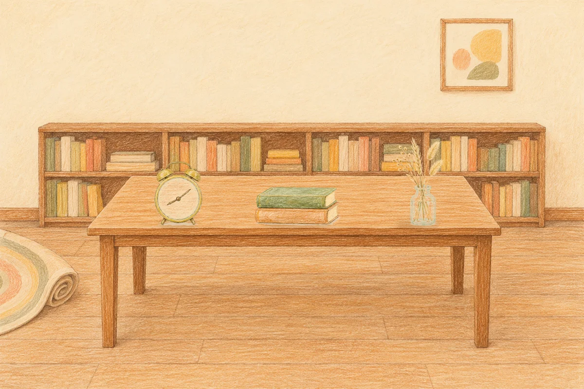 능동 여성전용 브라이덜 케어 안내 그림, 낮의 서재 긴 책상 위에 놓인 둥근 알람시계, 책 두 권, 마른 풀을 꽂은 항아리
