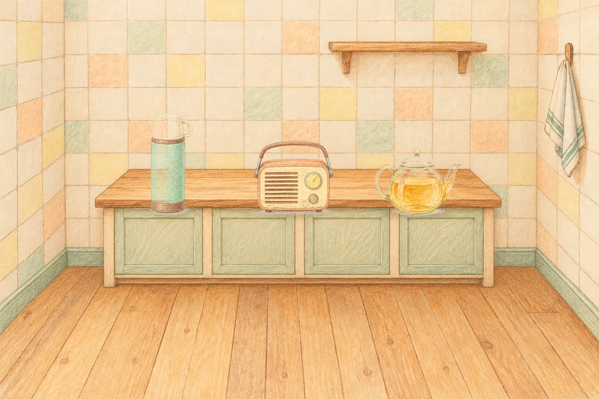 능동 여성전용 피부 관리 안내 그림, 낮의 부엌 나무 조리대 위에 놓인 보온병, 작은 라디오, 유리 티포트