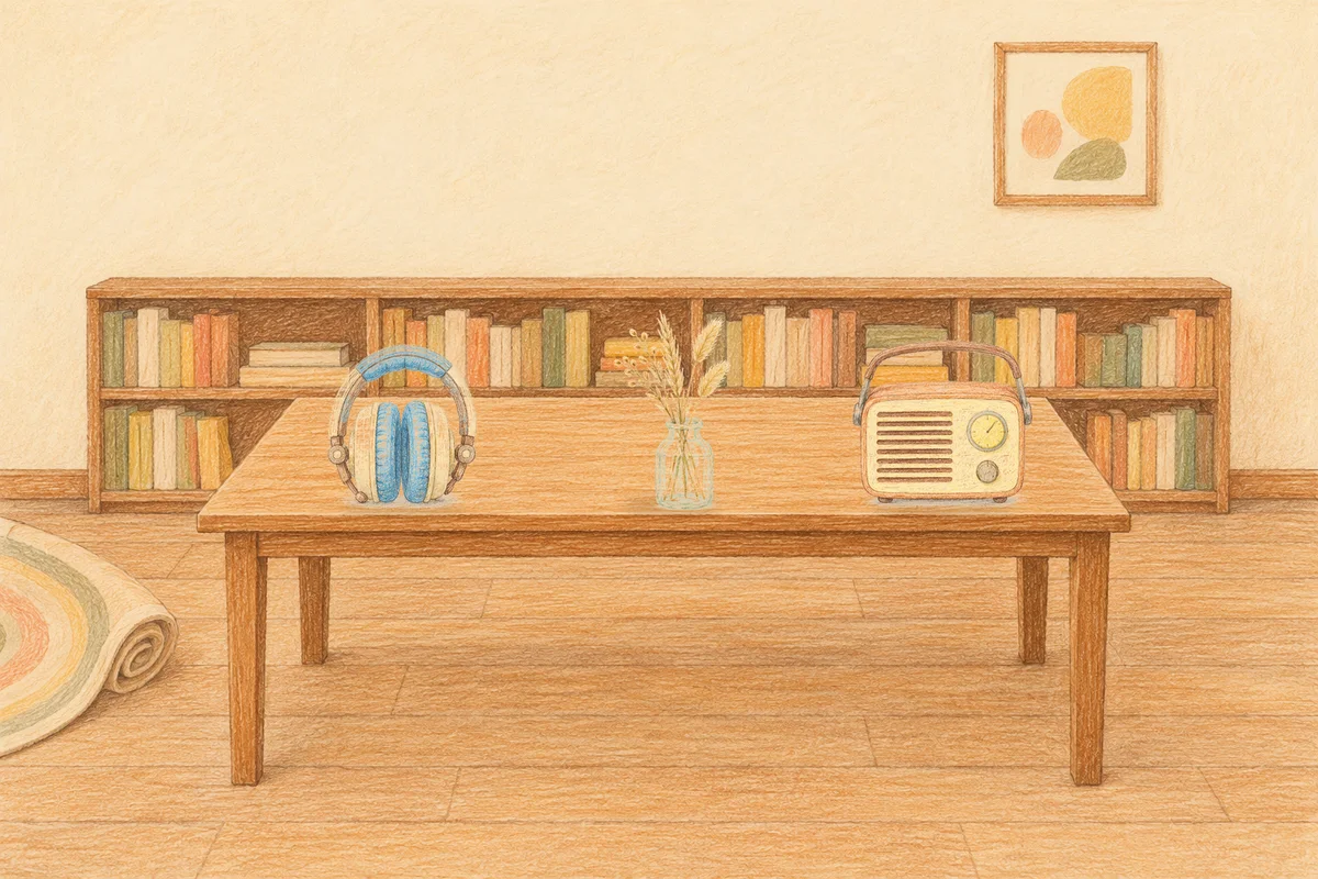 능동 여성전용 예약 마사지 안내 그림, 낮의 서재 긴 책상 위에 놓인 헤드폰, 마른 풀을 꽂은 항아리, 작은 라디오