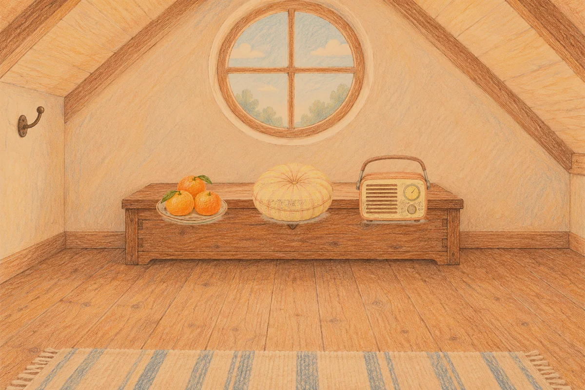 능동 여성전용 출장 마사지 후기 안내 그림, 저녁의 다락방 나무 궤짝 위에 놓인 귤이 담긴 접시, 둥근 쿠션, 작은 라디오