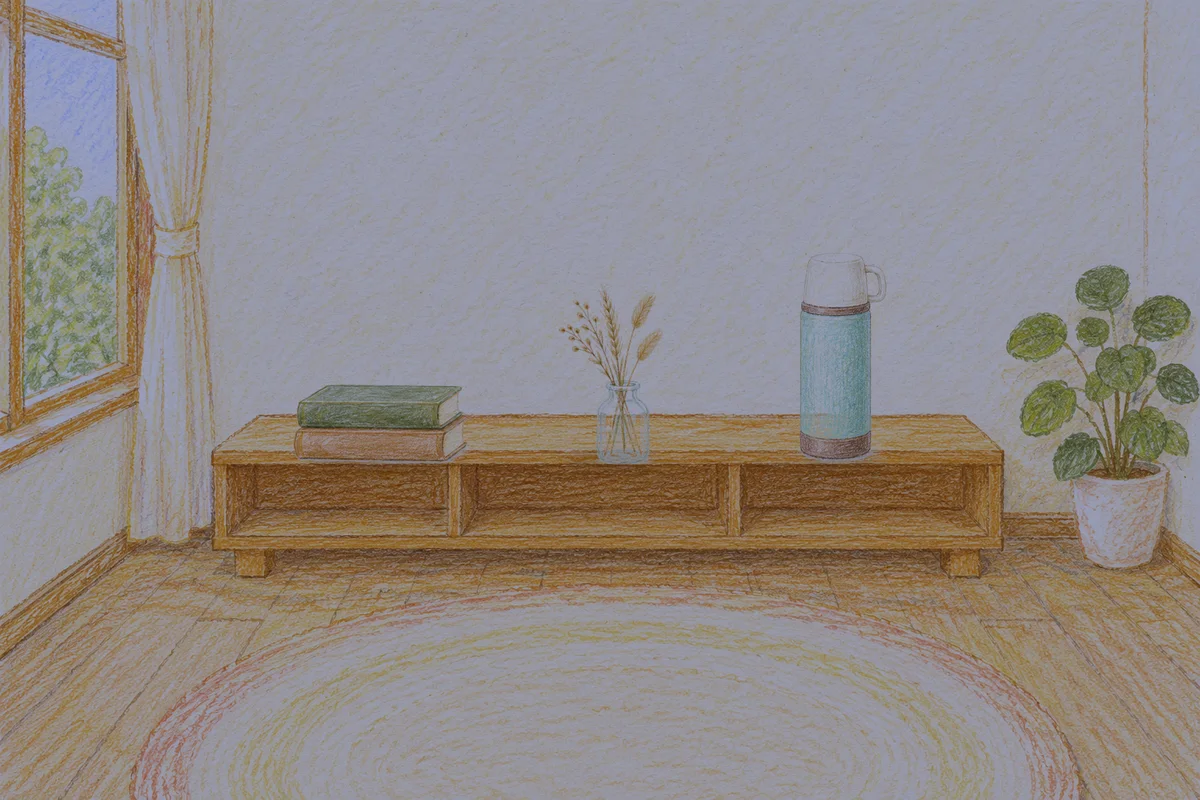 구의동 여성전용 라벤더 아로마 안내 그림, 밤의 창가 낮은 선반 위에 놓인 책 두 권, 마른 풀을 꽂은 항아리, 보온병