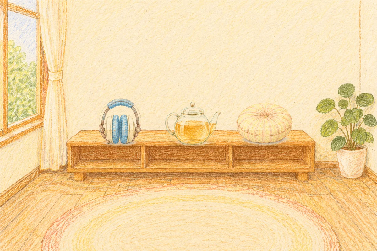 구의동 여성전용 아로마 마사지 후기 안내 그림, 낮의 창가 낮은 선반 위에 놓인 헤드폰, 유리 티포트, 둥근 쿠션