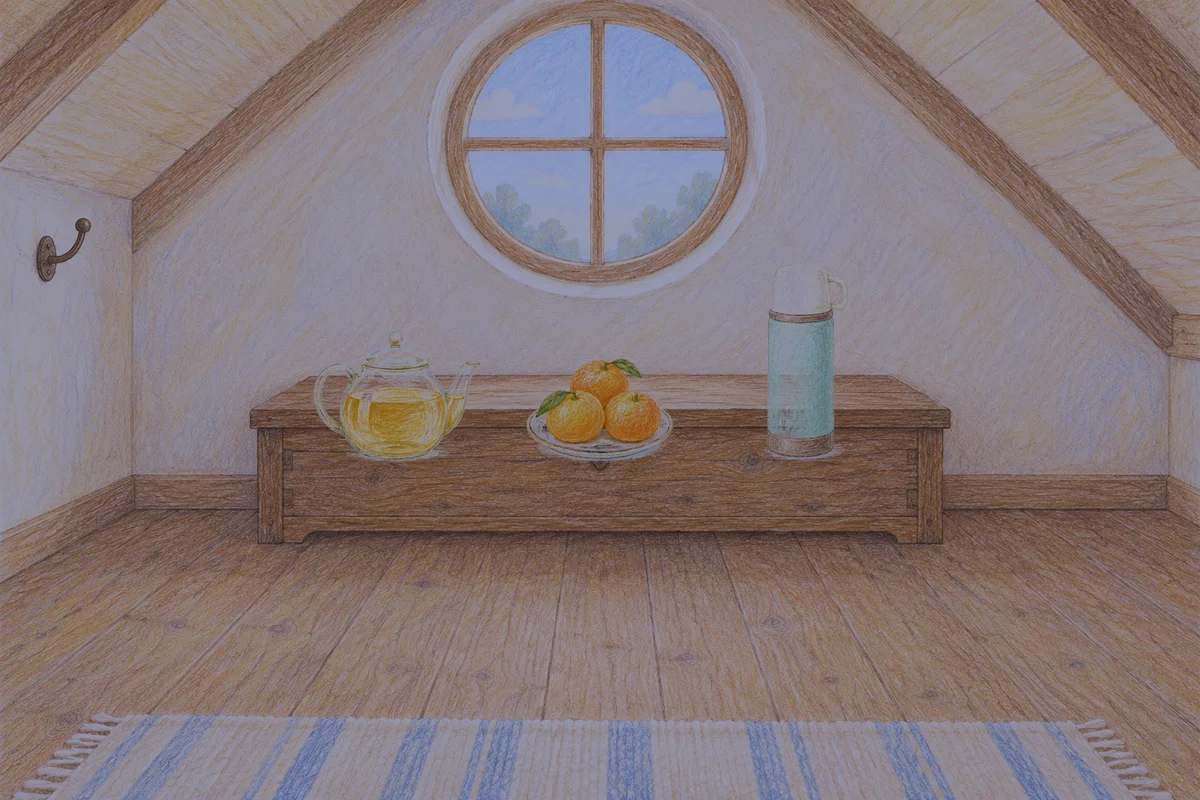 구의동 여성전용 스웨디시 가격 안내 그림, 밤의 다락방 나무 궤짝 위에 놓인 유리 티포트, 귤이 담긴 접시, 보온병