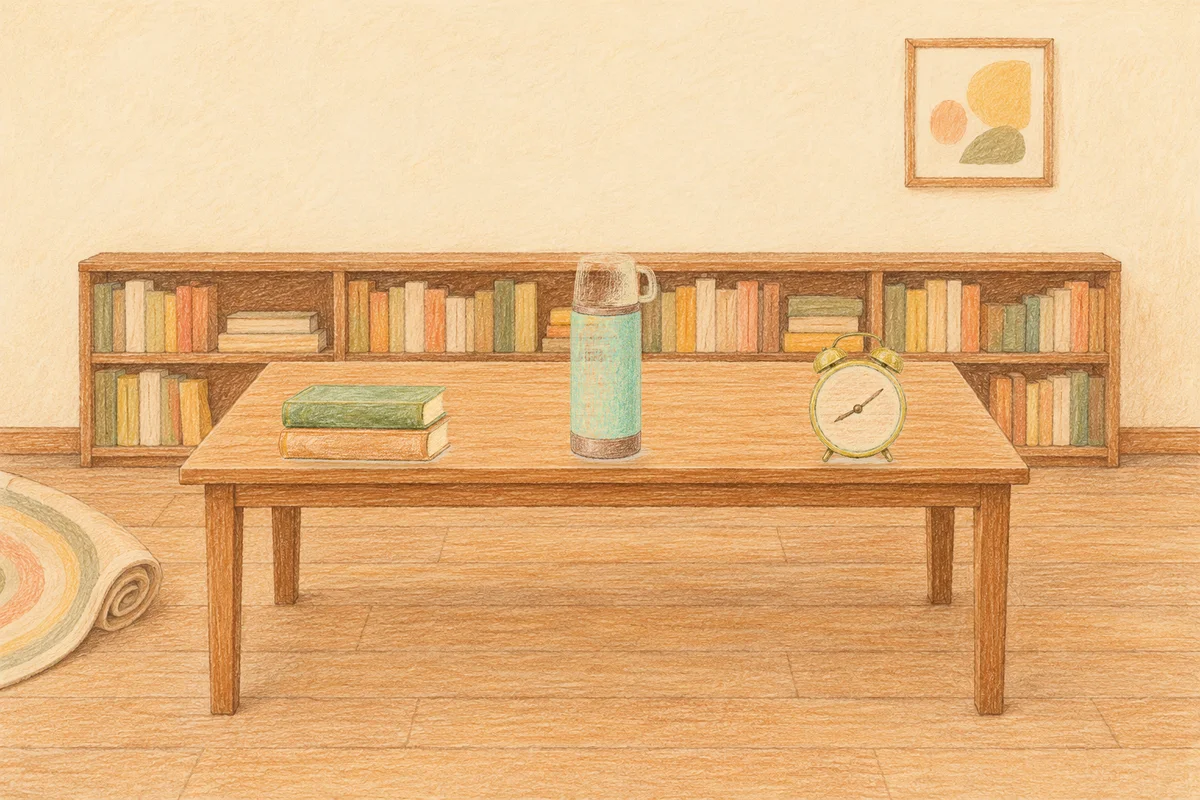 구의동 여성전용 아로마 추천 안내 그림, 낮의 서재 긴 책상 위에 놓인 책 두 권, 보온병, 둥근 알람시계