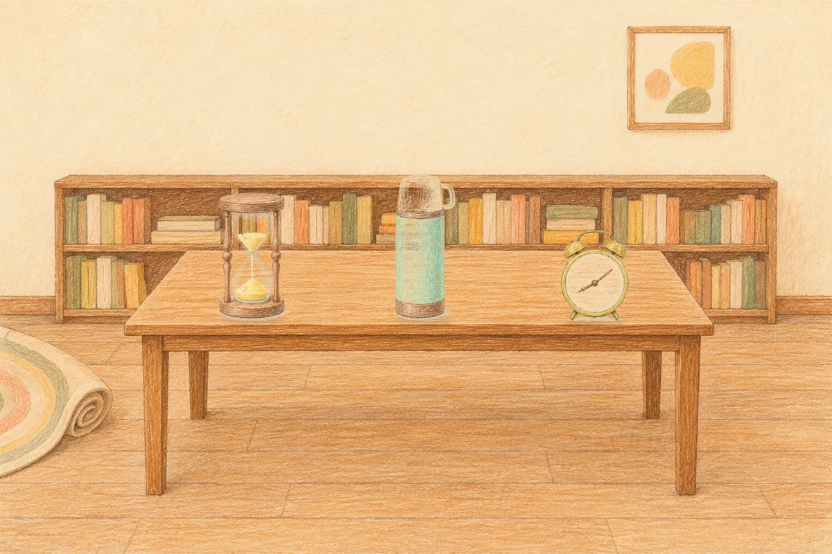 구의동 여성전용 경락마사지 안내 그림, 낮의 서재 긴 책상 위에 놓인 모래시계, 보온병, 둥근 알람시계