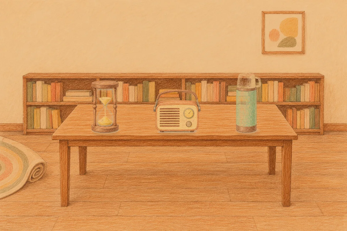 구의동 여성전용 경락 마사지 안내 그림, 저녁의 서재 긴 책상 위에 놓인 모래시계, 작은 라디오, 보온병