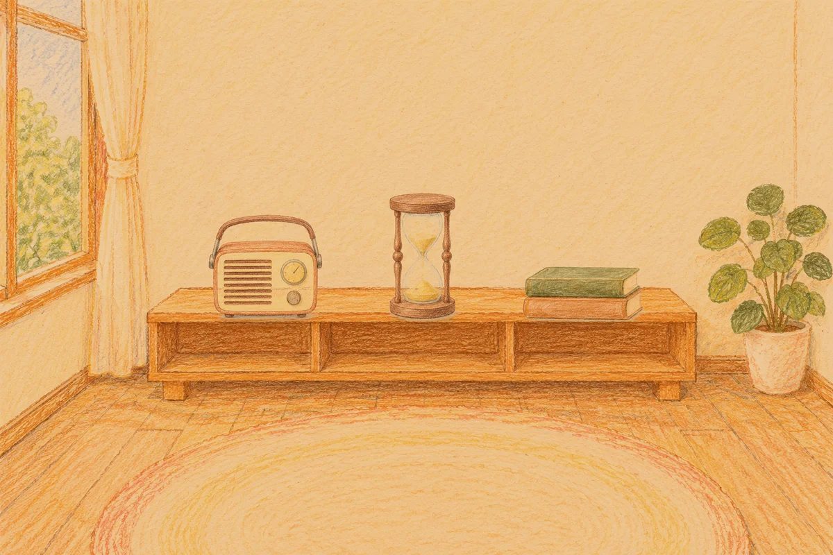 구의동 여성전용 경락 케어 안내 그림, 저녁의 창가 낮은 선반 위에 놓인 작은 라디오, 모래시계, 책 두 권