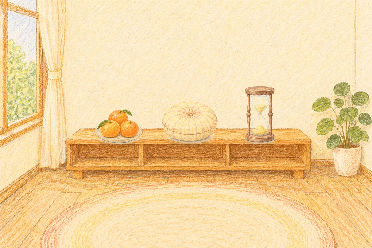 구의동 여성전용 바디 경락 안내 그림, 낮의 창가 낮은 선반 위에 놓인 귤이 담긴 접시, 둥근 쿠션, 모래시계