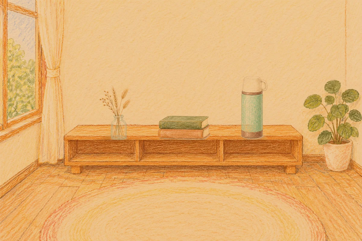 구의동 여성전용 경락 가격 안내 그림, 저녁의 창가 낮은 선반 위에 놓인 마른 풀을 꽂은 항아리, 책 두 권, 보온병