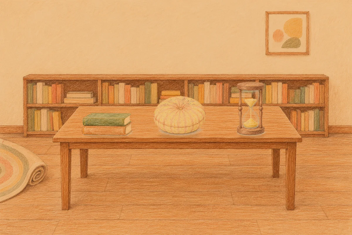 구의동 여성전용 홈케어 안내 그림, 저녁의 서재 긴 책상 위에 놓인 책 두 권, 둥근 쿠션, 모래시계
