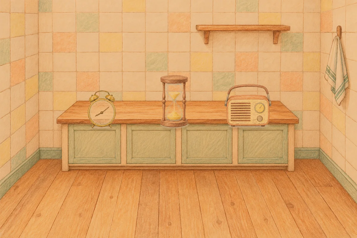 구의동 여성전용 홈케어 서비스 안내 그림, 저녁의 부엌 나무 조리대 위에 놓인 둥근 알람시계, 모래시계, 작은 라디오
