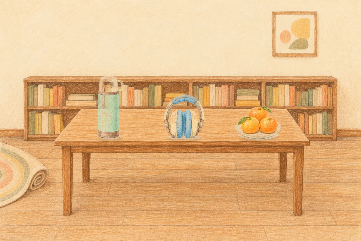 구의동 여성전용 프라이빗 케어 안내 그림, 낮의 서재 긴 책상 위에 놓인 보온병, 헤드폰, 귤이 담긴 접시